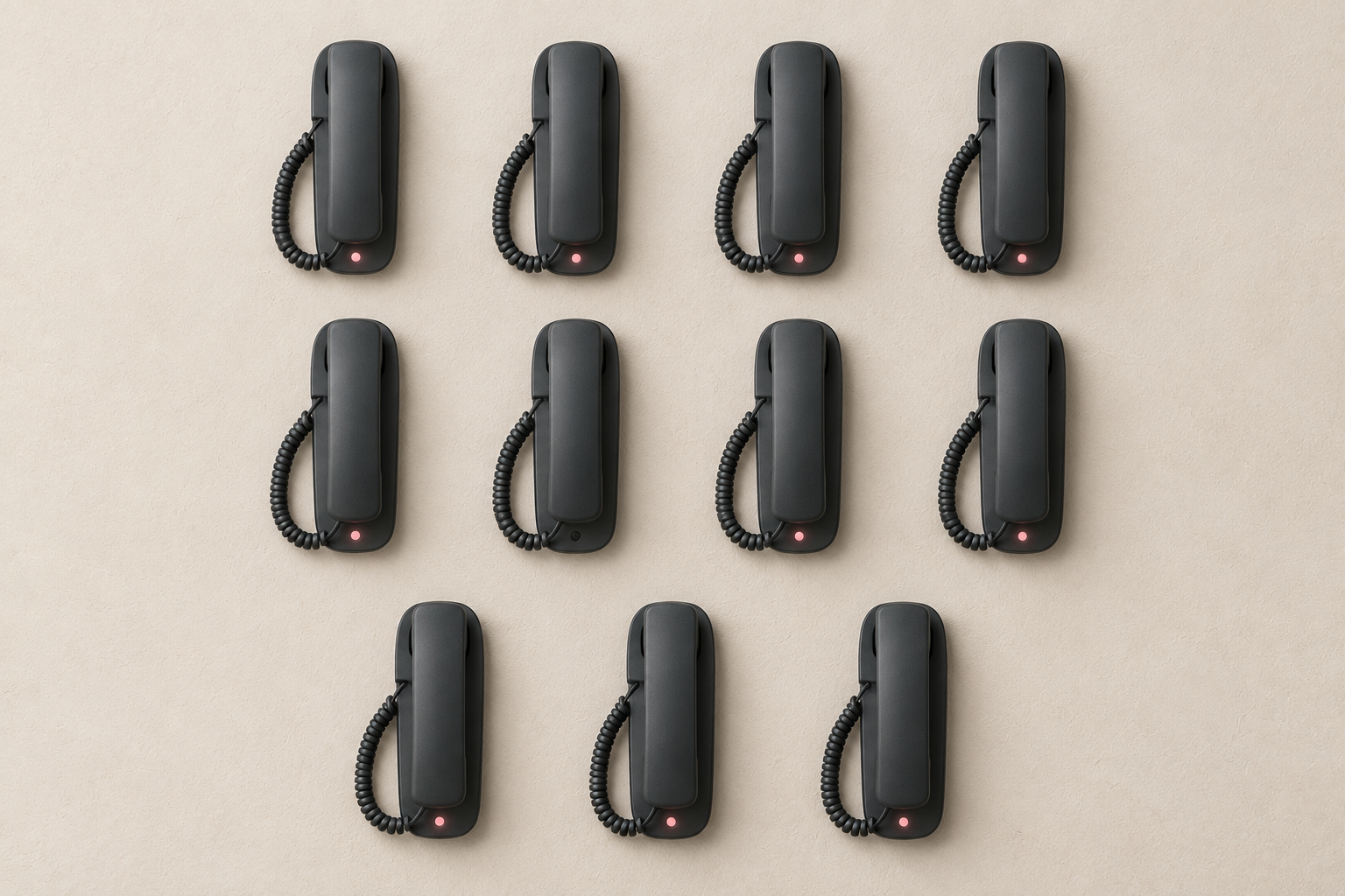 A grid of identical handsets, each with a small rose light on