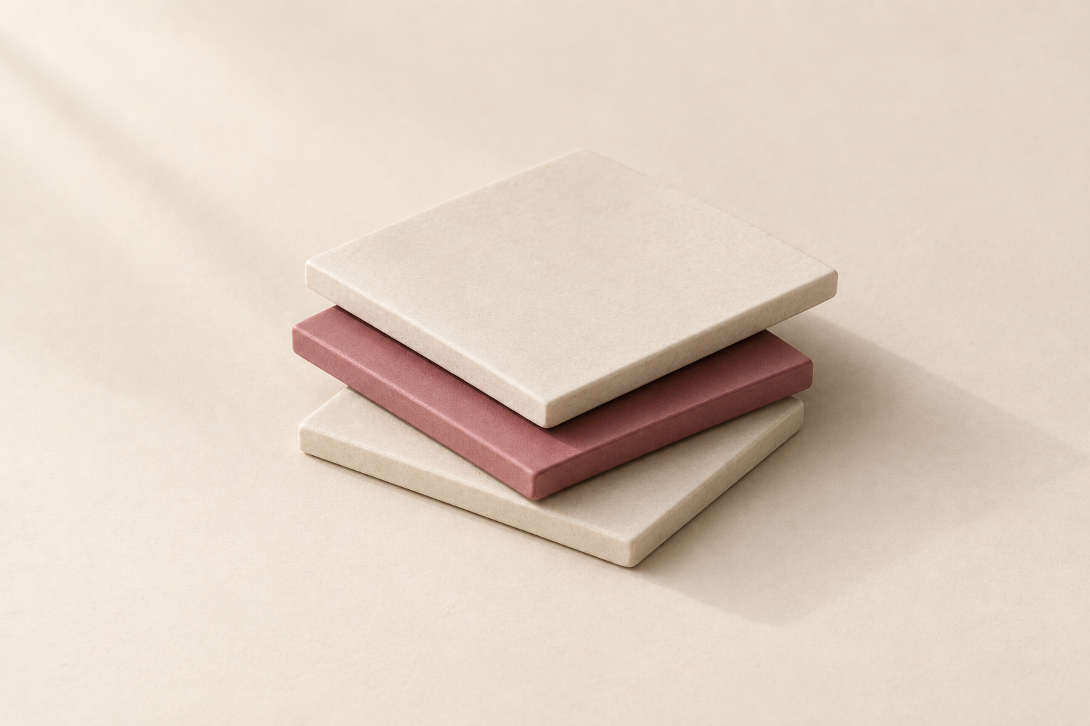 Three stacked ceramic tiles, the middle one rose